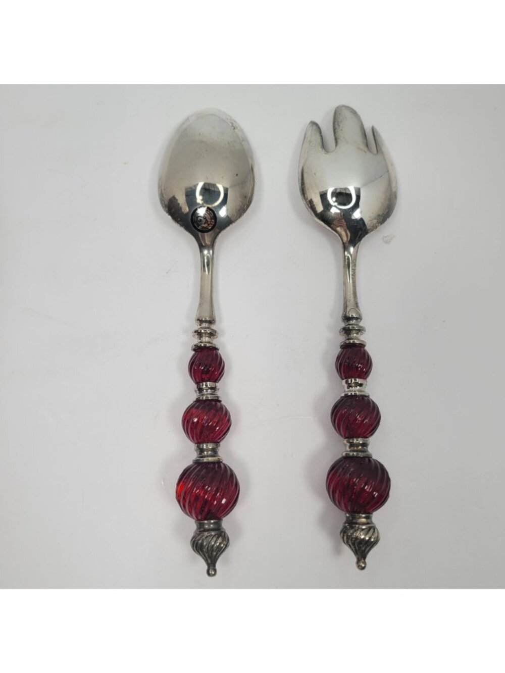 Vintage Silver Plated Godinger Ruby Red Glass Console Bowl with Utensils Set - Picture 11 of 12